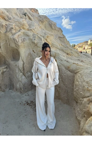 Ekru Çift Fermuarlı Triko Takım