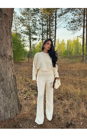 Ekru Fitilli Triko Yarasa İkili Takım