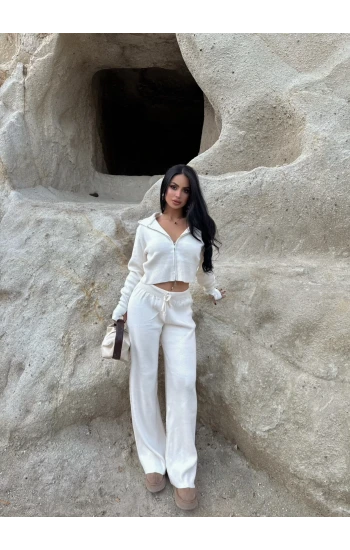 Ekru Kapşonlu Triko İkili Takım