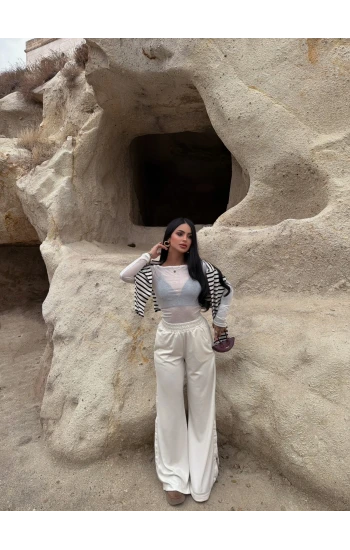 Ekru Yanı Çıtçıtlı Palazzo Pantolon