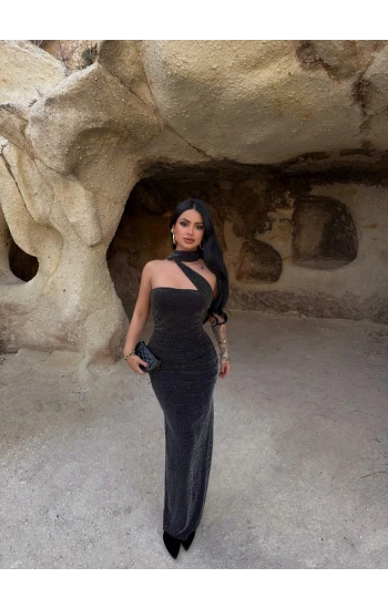 Fularlı Maxi Simli Elbise