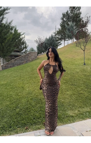 Göğüs Pencereli Leopar Elbise