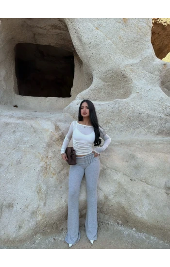 Gri Bel Katlamalı Yumoş Pantolon