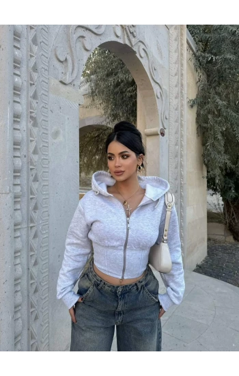 Gri Bel Korseli Kapşonlu Hırka