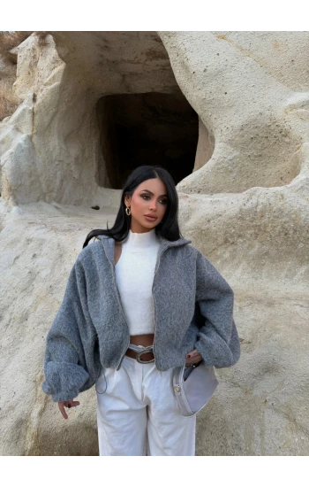 Gri Bel Lastikli Kaşe Bomber Ceket