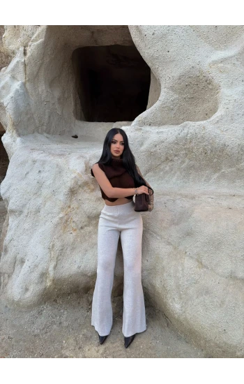 Gri Bol Paça Triko Pantolon