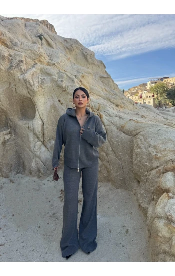 Gri Çift Fermuarlı Triko Takım