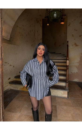 Gri Çizgili Pileli Gömlek