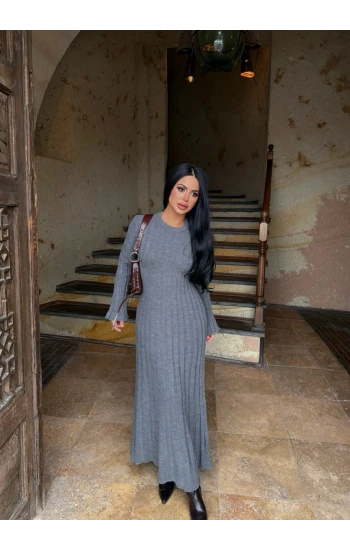 Gri Fitilli Triko Maxi Elbise