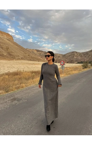 Gri Fitilli Triko Maxi Elbise