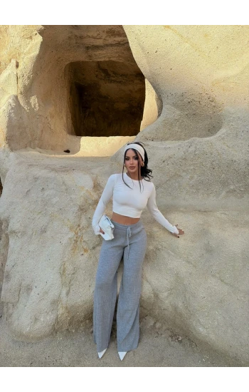 Gri Fitilli Triko Pantolon