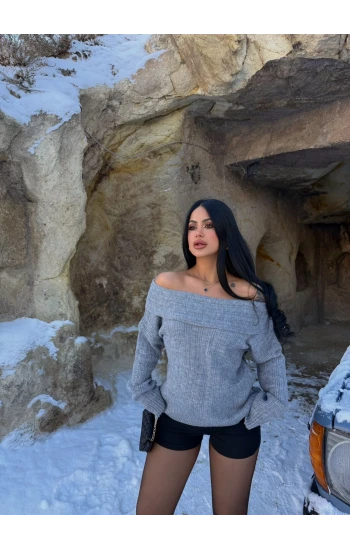 Gri Madonna Yaka Kalın Fitilli Kazak