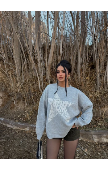 Gri Mind Sırt Baskı Kazak