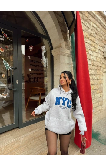 Gri Nyc Şardonlu Oversize Sweat