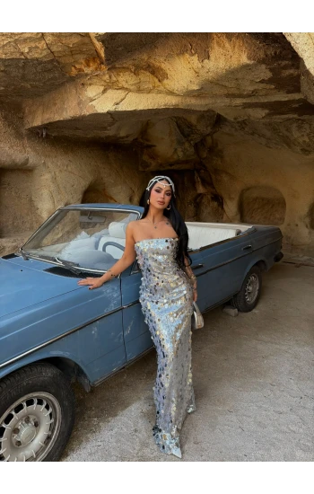 Gri Payetli Straplez Maxi Elbise