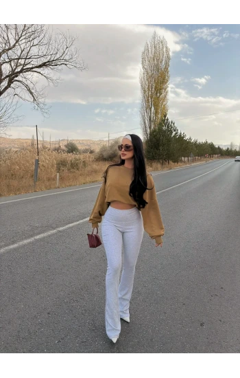 Gri Ribanalı Yüksek Bel Tayt