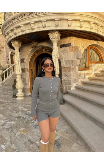 Gri Şortlu Bodysuit Triko İkili Takım