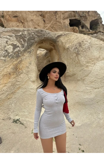 Gri Yaka Düğmeli Kaşkorse Elbise