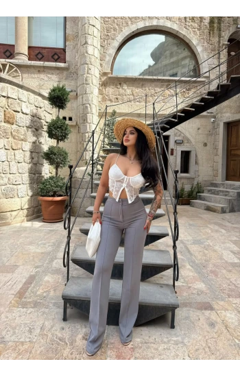 Gri Yüksek Bel Atlas Pantolon