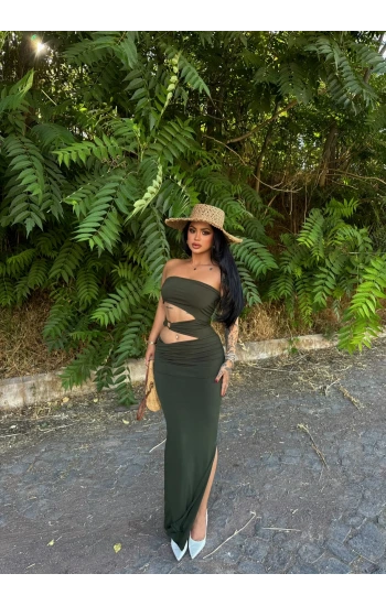 Haki Bel Aksesuarlı Straplez Elbise