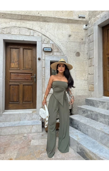 Haki Büzgülü Straplez İkili Takım