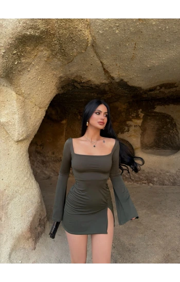 Haki Kare Yaka Tek Yırtmaçlı Elbise