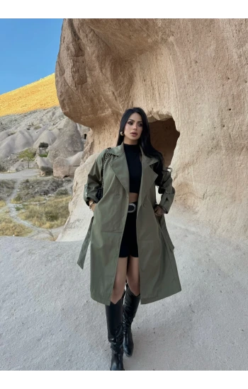 Haki Kol Katlamalı Kemerli Trençkot
