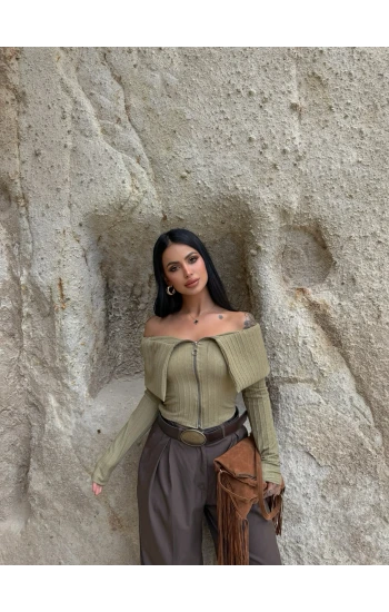 Haki Mendili Yaka Fermuarlı Crop