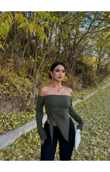 Haki Yandan Büzgülü Straplez Crop