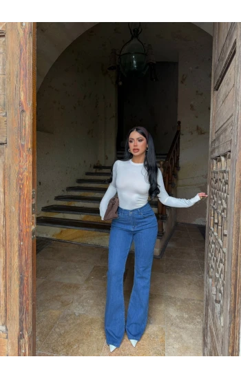 İndigo Yüksek Bel Likralı İspanyol Pantolon