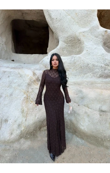 Kahve Astarlı Maxi Dantel Elbise