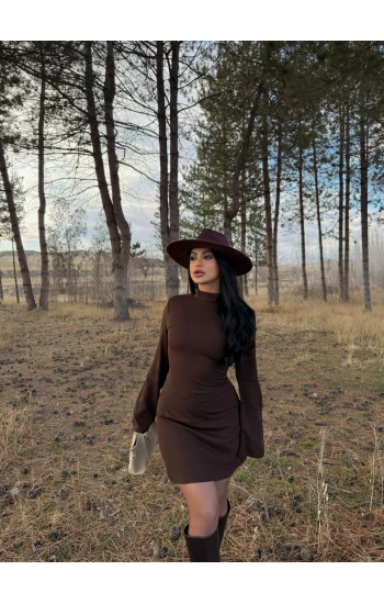 Kahve Balıkçı Yaka Sırt Dekolte Çan Elbise