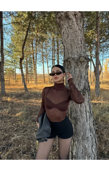 Kahve Balıkçı Yaka Transparan Crop