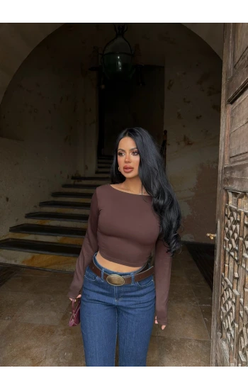 Kahve Basic Geniş Yaka Crop