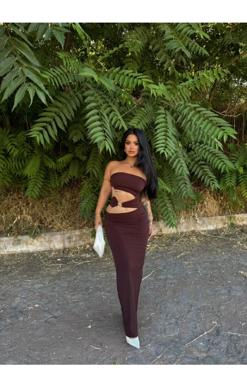 Kahve Bel Aksesuarlı Straplez Elbise