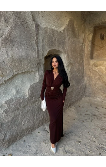 Kahve Bel Tokalı Drapeli Elbise