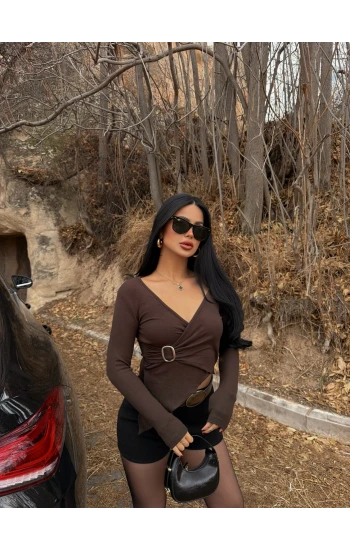 Kahve Bel Tokalı Kruvaze Crop