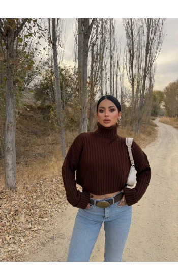 Kahve Boğazlı Fitilli Kazak