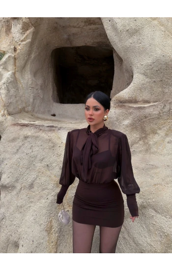 Kahve Boyundan Bağlamalı Şifon Elbise