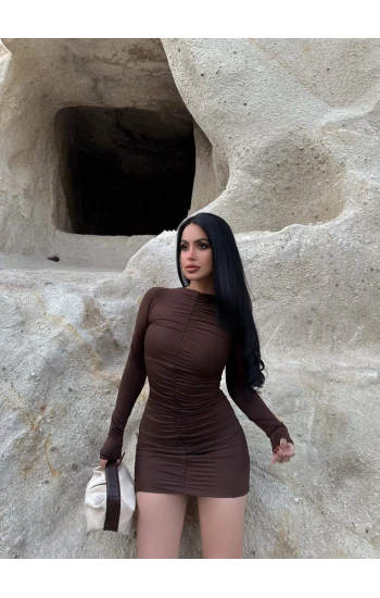 Kahve Büzgülü Mini Elbise