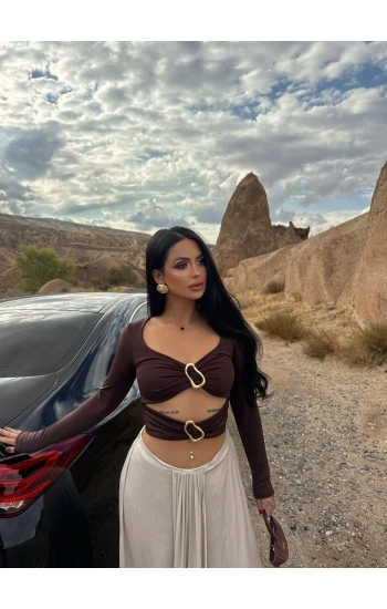 Kahve Çift Aksesuarlı Crop