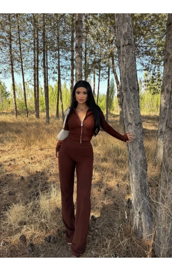 Kahve Çift Fermuarlı Fitilli İkili Takım