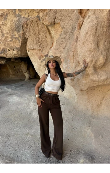 Kahve Çift Pile Kemerli Pantolon