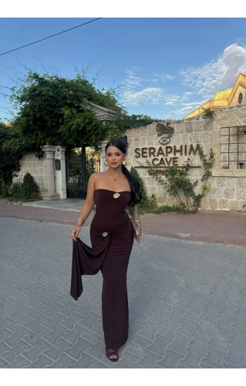 Kahve Çift Tokalı Straplez Maxi Elbise