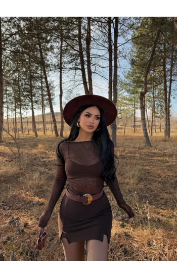 Kahve Çift Yırtmaçlı Şort Etek