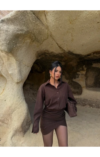 Kahve Çizgili Gömlek Elbise