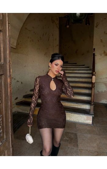 Kahve Damla Yaka Dantel Detay Elbise