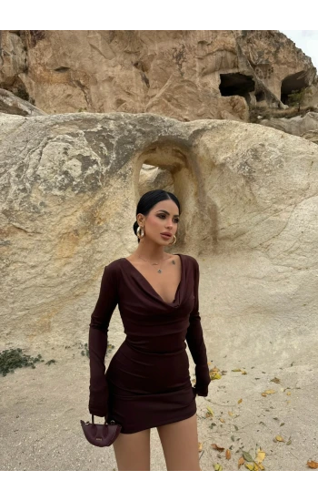 Kahve Degaje Yaka Dore Elbise