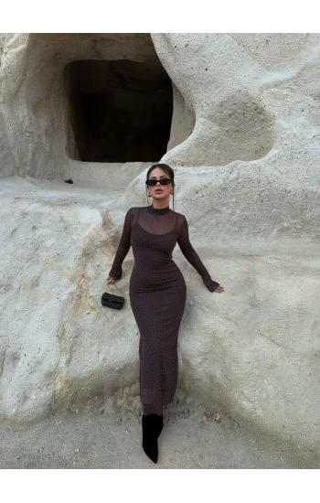 Kahve Dik Yaka Astarlı Taşlı Elbise