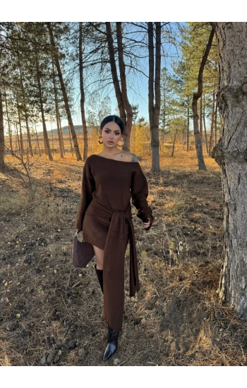 Kahve Domina Şal Detaylı Triko Elbise